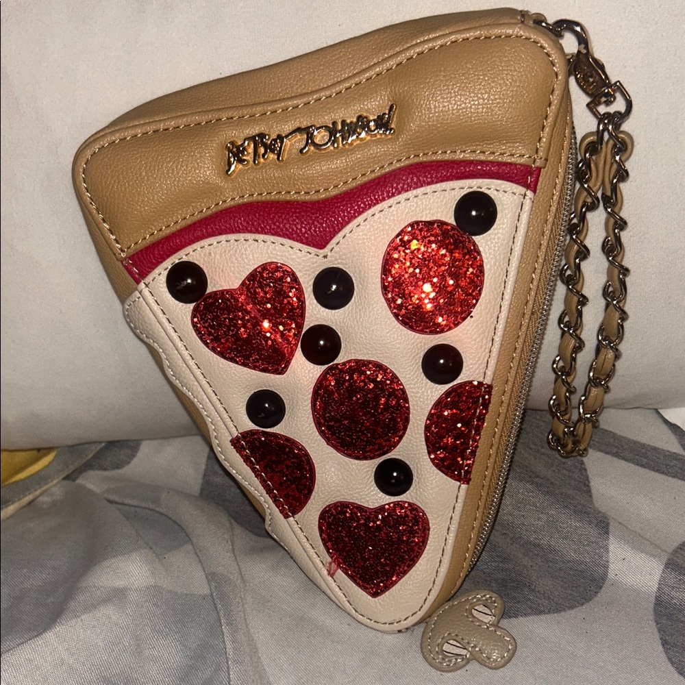 Betsey Johnson Tan and Red Heart Pizza Wristlet - Picture 1 of 8